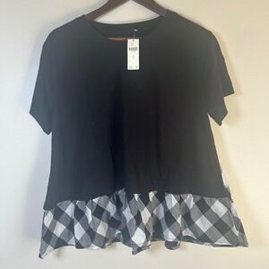 Maeve by‎ Anthropologie Black Gingham Ruffle Peplum T-Shirt Top Medium